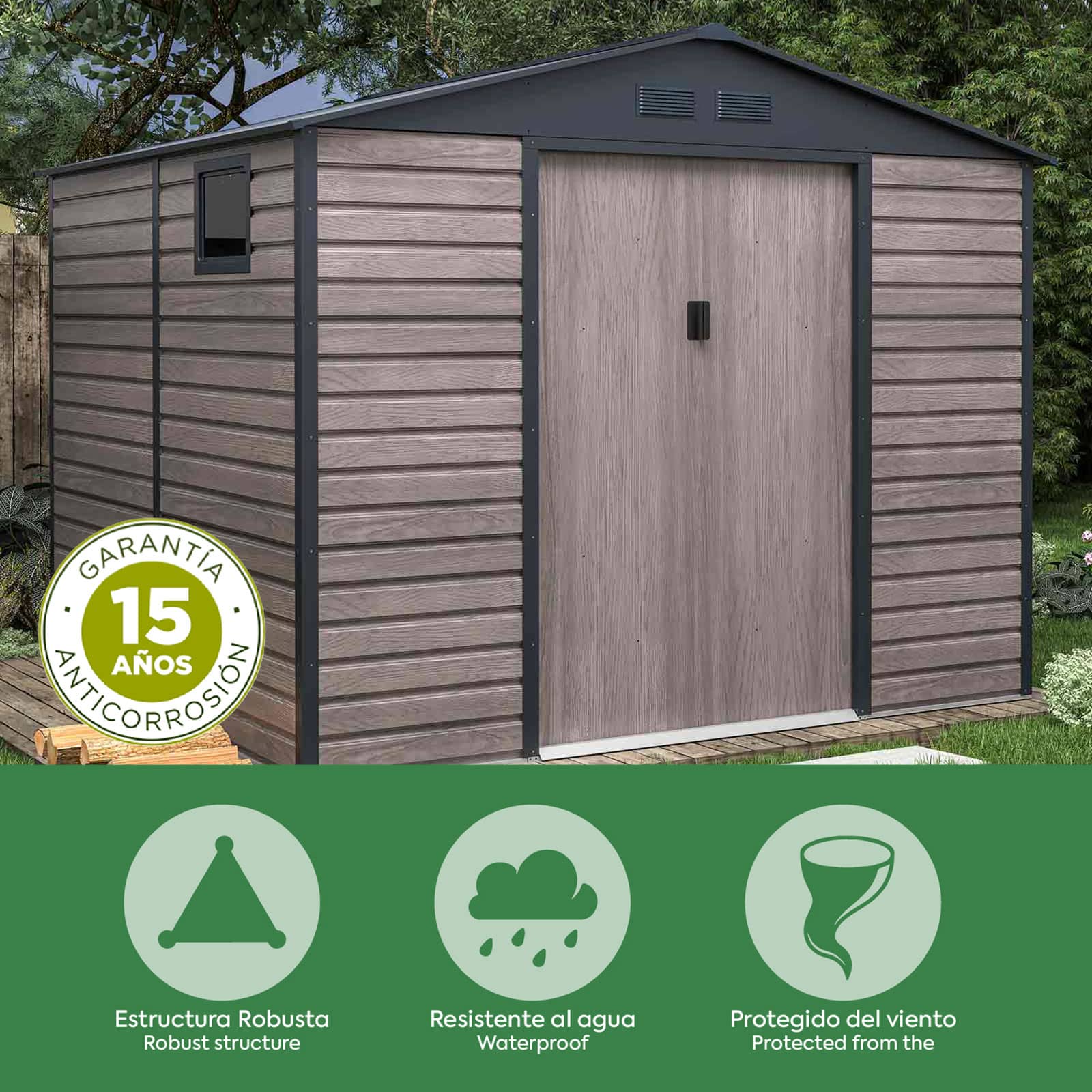 Abrigo de jardim em metal Surrey de 10,85 m² imitação de madeira Caseta jardín metálica 340x319x226 cm (10,85 m2) Surrey imitación madera