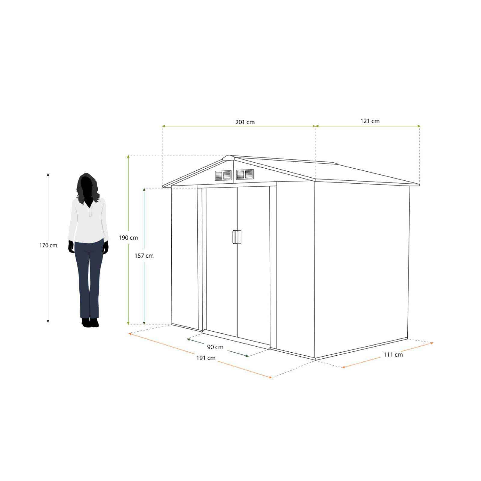 Abrigo de jardim em metal 121x201x190 cm (2,43 m²) Yorkshire verde Caseta jardín metálica 121x201x190 cm (2,43 m²) Yorkshire verde