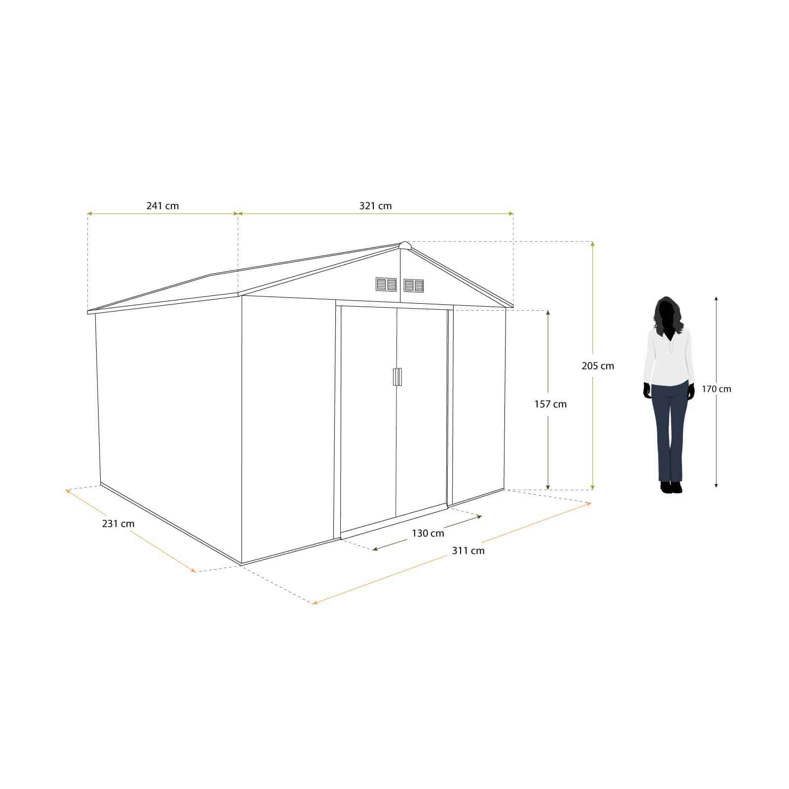 Abrigo de jardim em metal 241x321x205 cm (7,74 m²) Bristol verde Caseta jardín metálica 241x321x205 cm (7,74 m²) Bristol verde