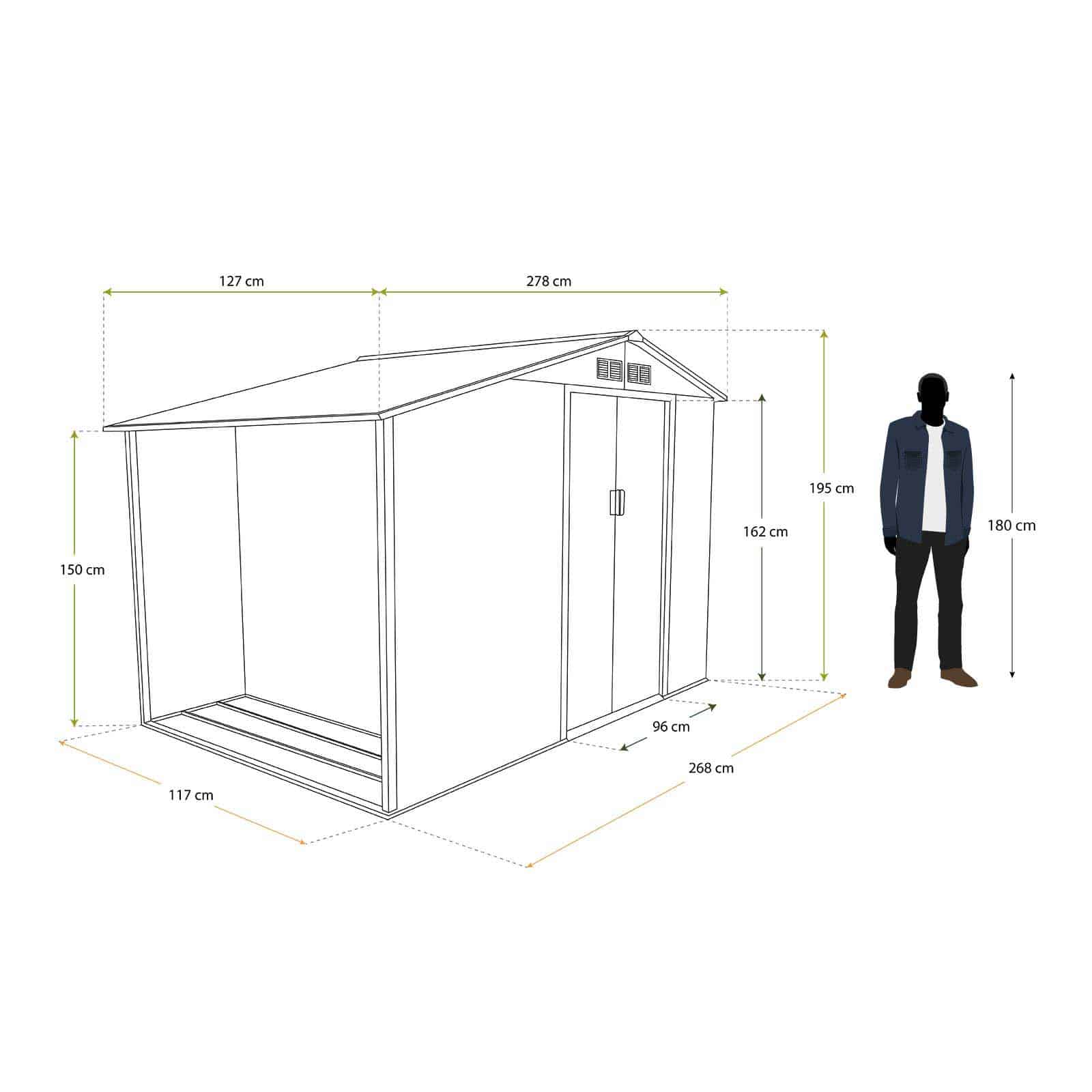 Abrigo de jardim em metal 127x278x195 cm (3,53 m²) Toronto cinzento Caseta jardín metálica con leñero 127x278x195 cm (3,53 m²) Toronto gris