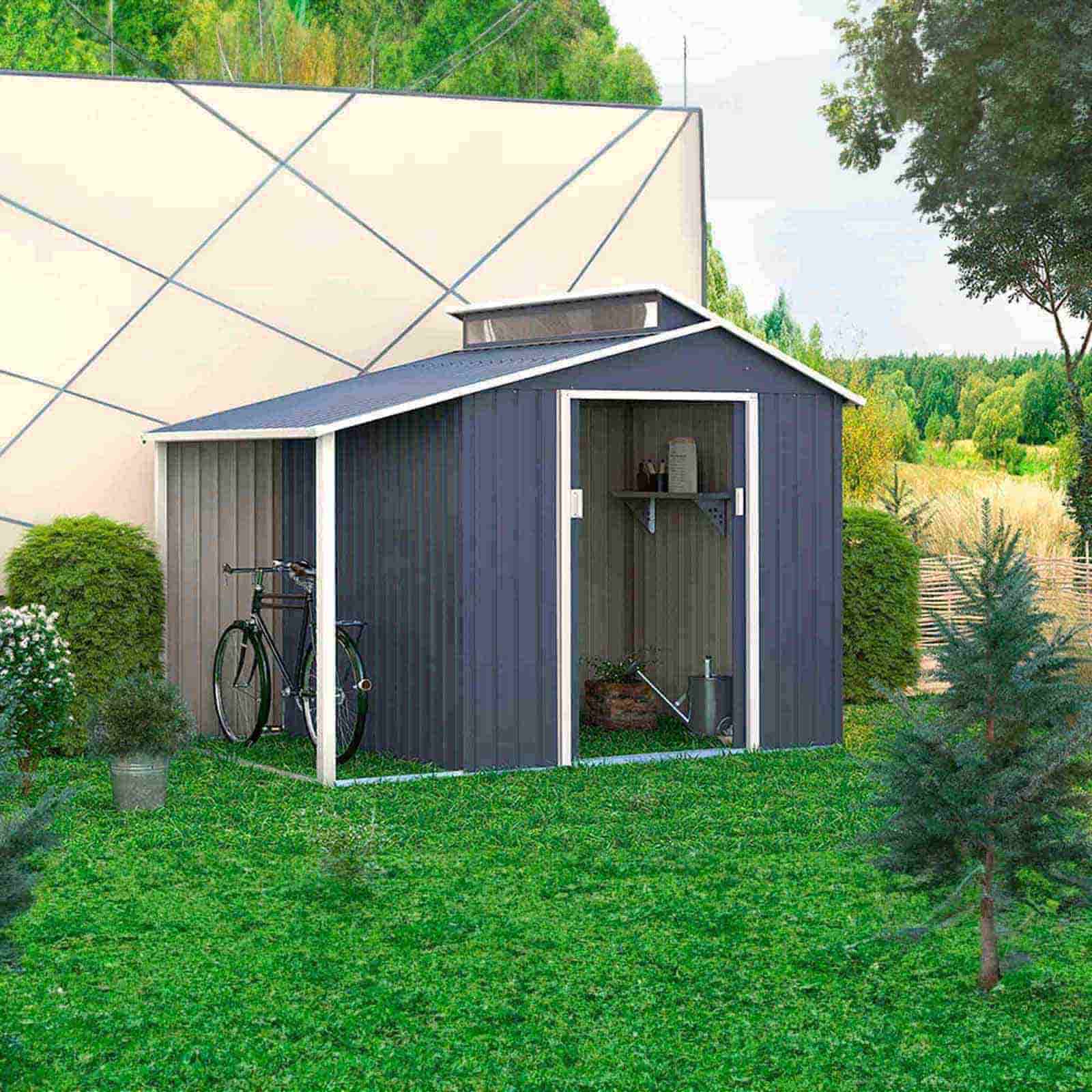Abrigo de jardim em metal com alpendre 129x293x229 cm (3,78 m²) Nottingham cinzento Abrigo de jardim em metal com alpendre 129x293x229 cm (3,78 m²) Nottingham cinzento - Image 2
