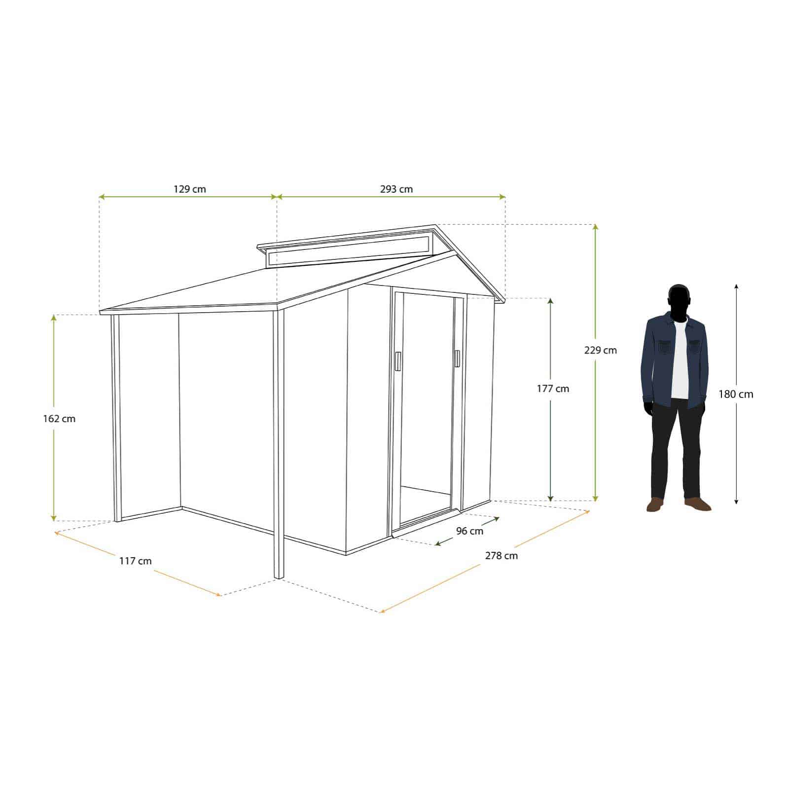 Abrigo de jardim em metal com alpendre 129x293x229 cm (3,78 m²) Nottingham cinzento Caseta jardín metálica con porche 129x293x229 cm (3,78 m²) Nottingham gris