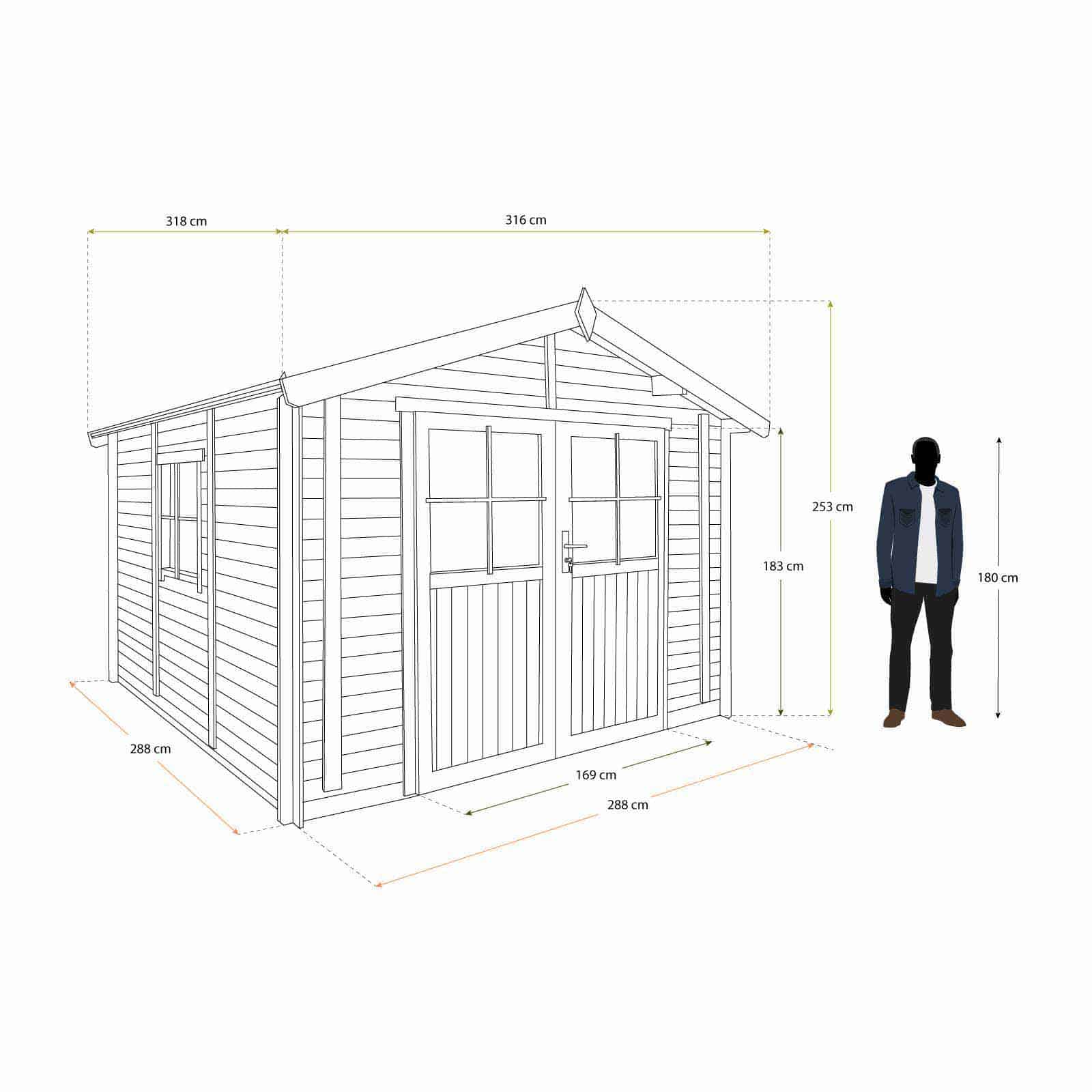 Abrigo de madeira com encaixe macho/fêmea 318x316x253/200 (9 m²) Petrov Caseta de madera machihembrada 318x316x253 cm (9 m²) Petrov