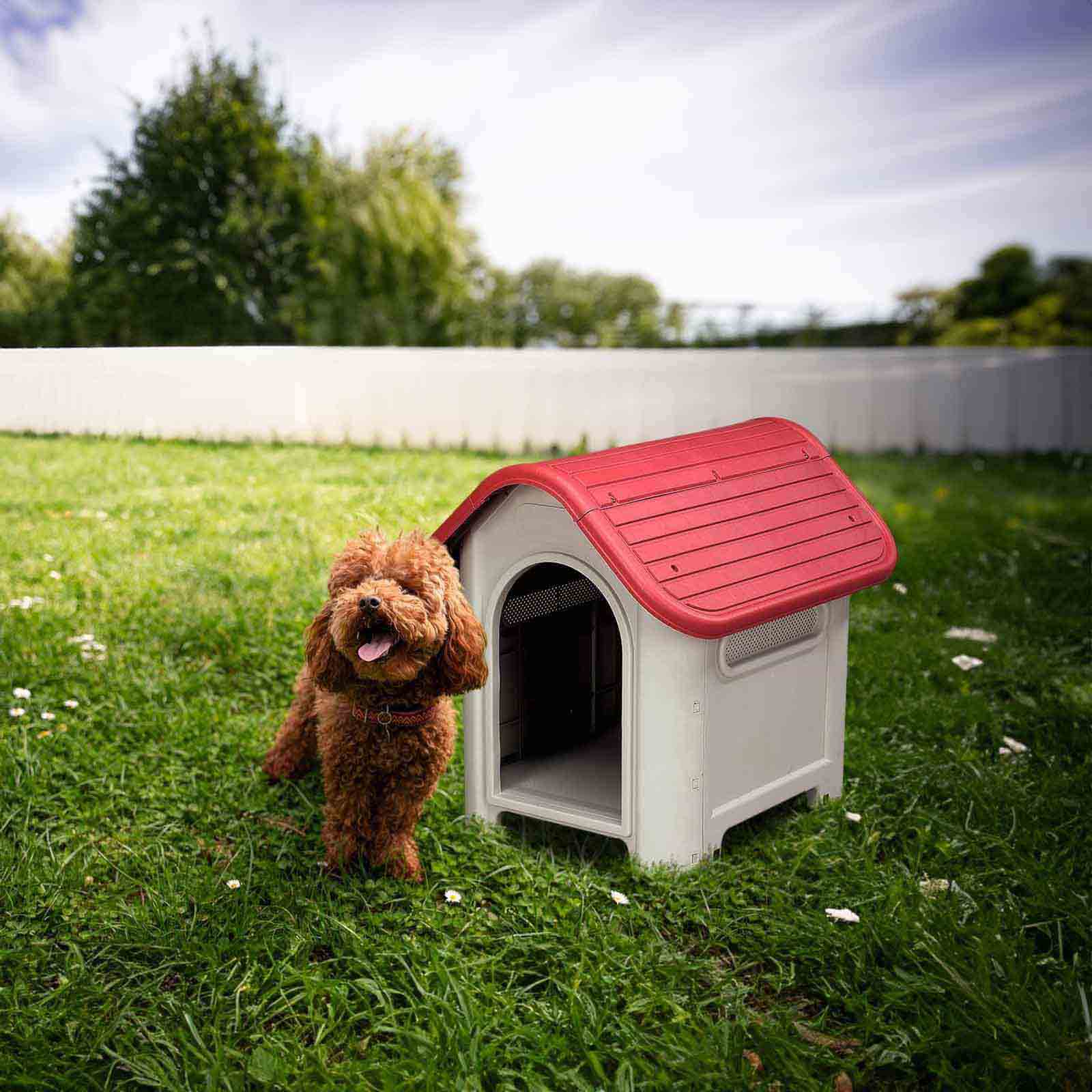 Casota de resina para cão pequeno 75x59x66 cm Kira bege/vermelho Caseta perro pequeño de resina 75x59x66 cm Kira beige/rojo