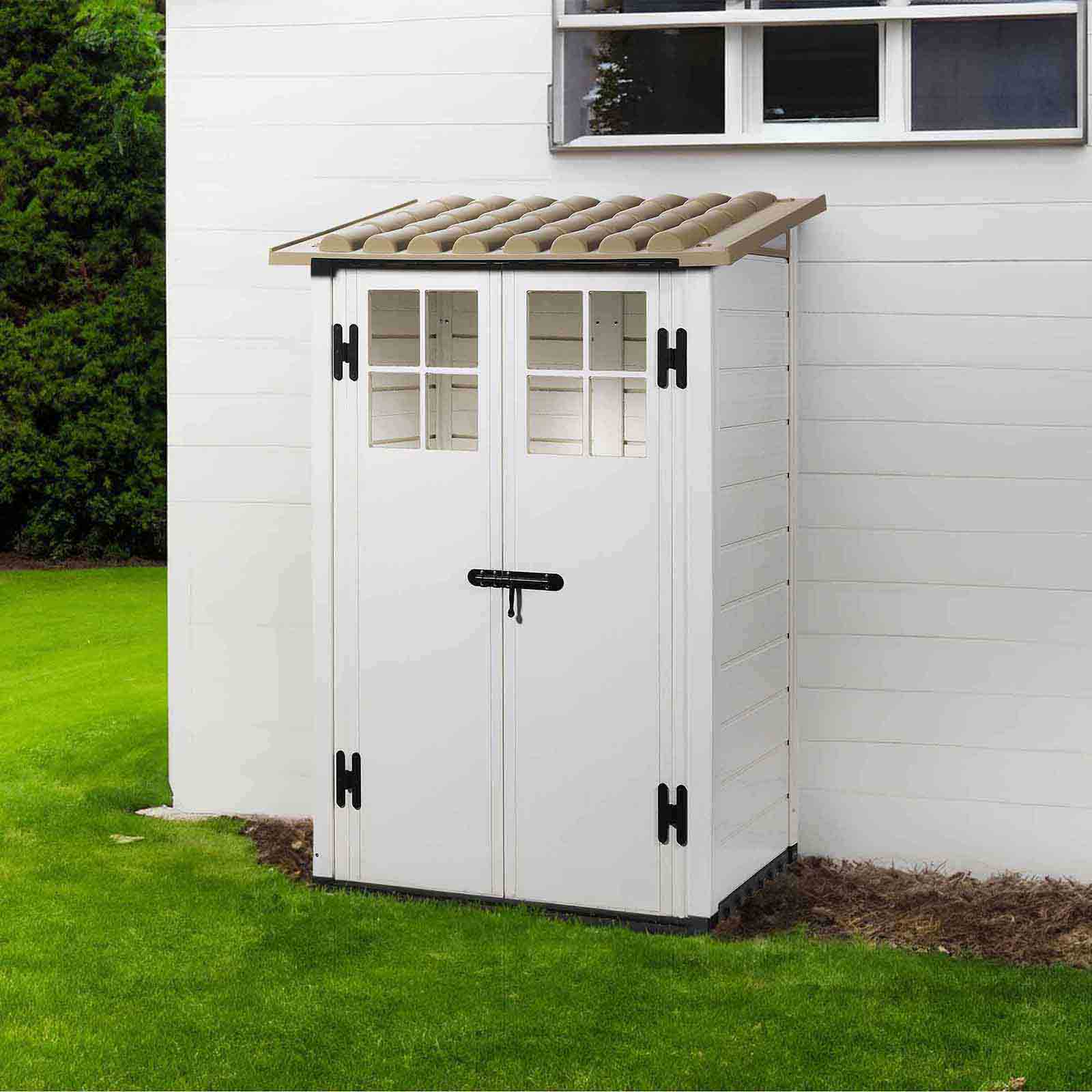 Abrigo de jardim em resina com chão 95x139x201 cm (1,32 m²) Tuscany Evo 100 branco Caseta jardín resina con suelo 95x139x201 cm (1,32 m²) Tuscany Evo 100 blanco