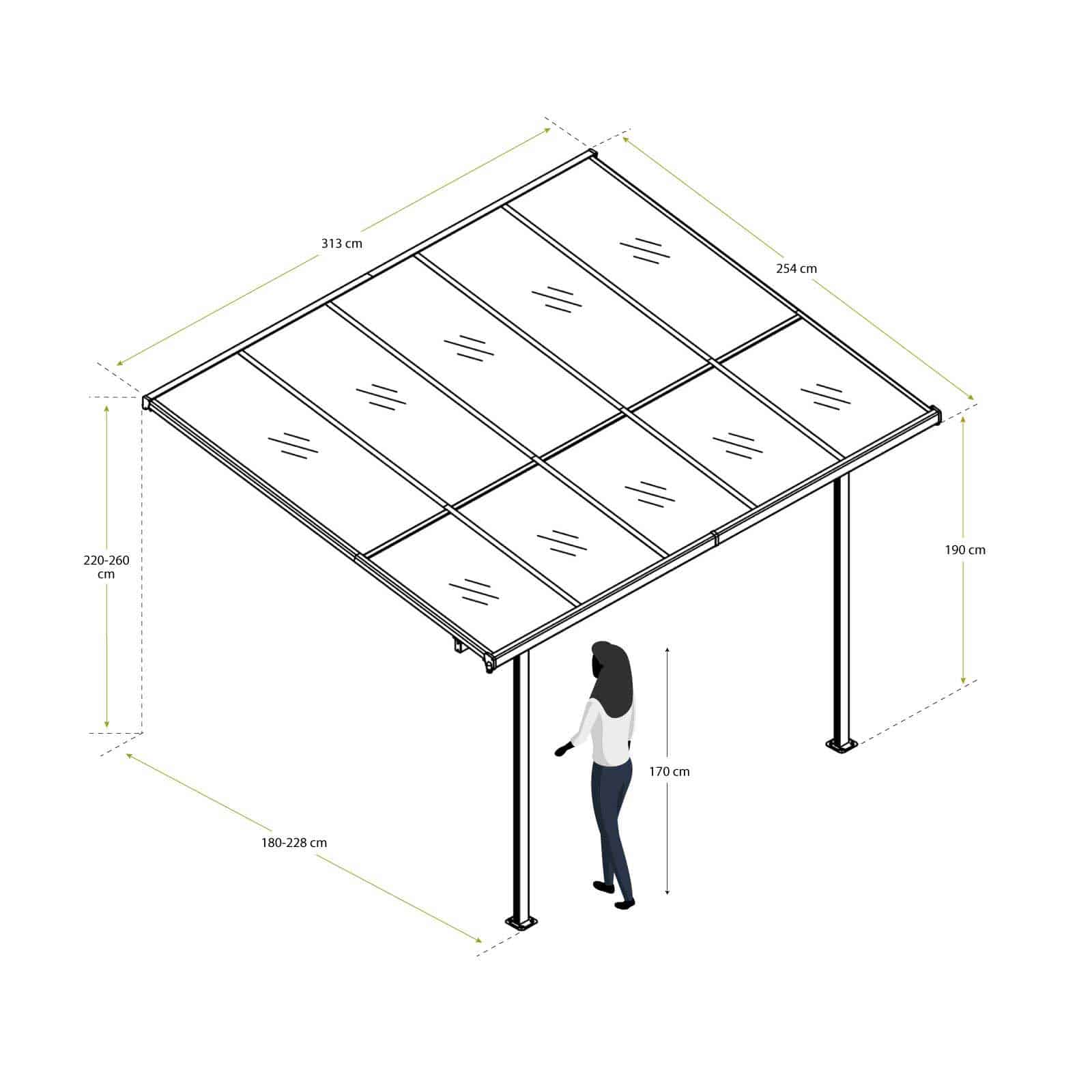 Toldo de parede em alumínio 313x254x220/260 cm (8 m²) Elliot Marquesina de pared de aluminio 313x254x220/260 cm (8 m²) Elliot