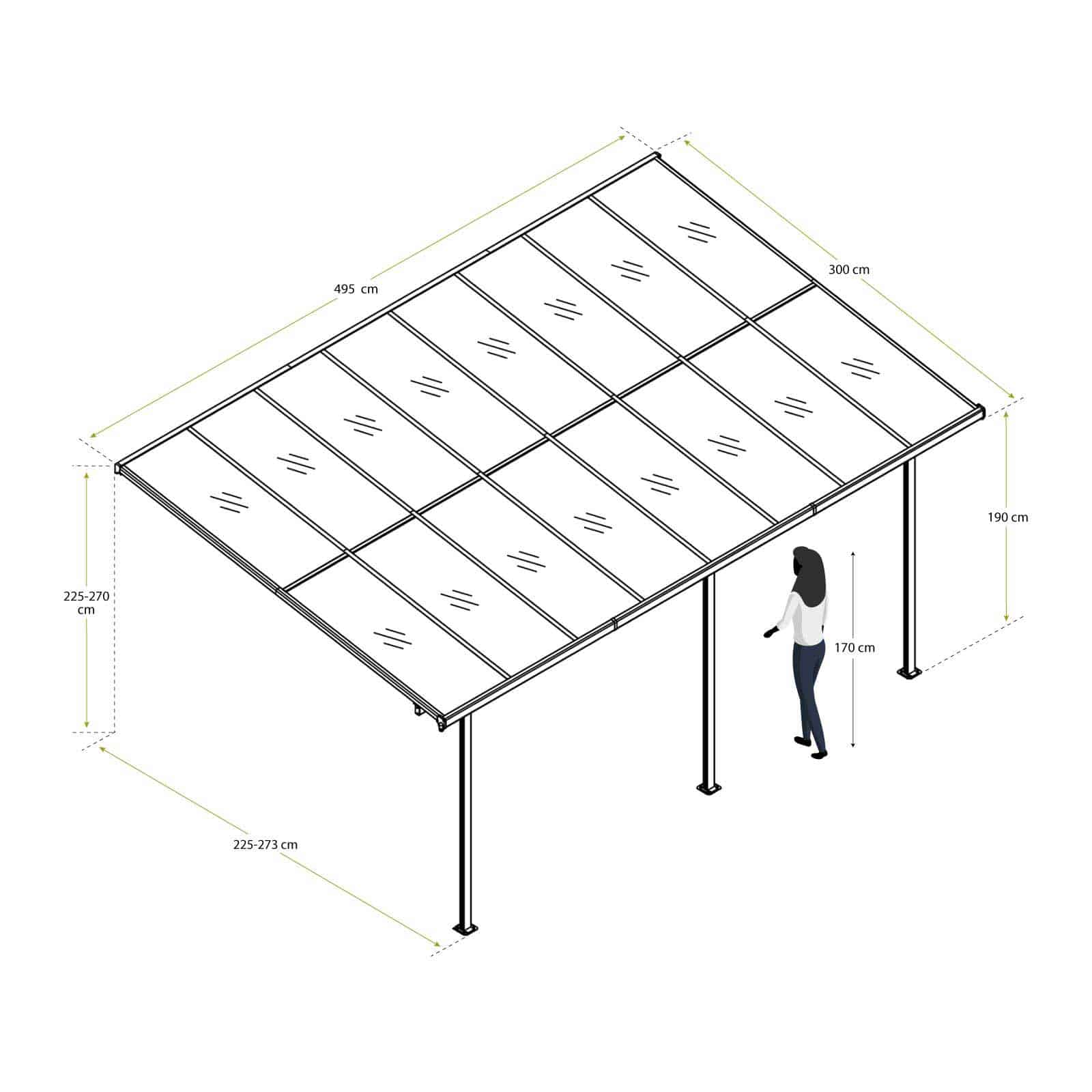 Toldo de parede em alumínio 495x300x225/270 cm (15 m²) Elliot Marquesina de pared de aluminio 495x300x225/270 cm (15 m²) Elliot