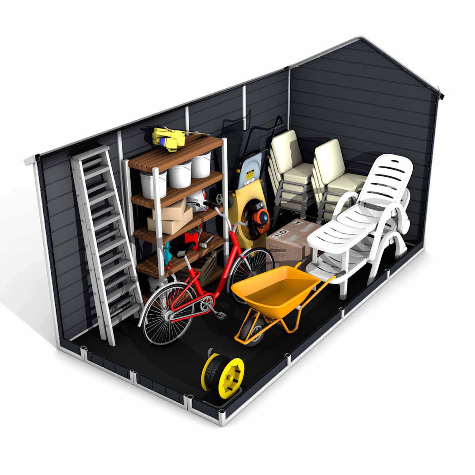 Abrigo de jardim em resina com chão 190x368x226 cm (6,99 m²) Zoe C cinzento Caseta jardín resina con suelo 190x368x226 cm (6,99 m²) Zoe C gris