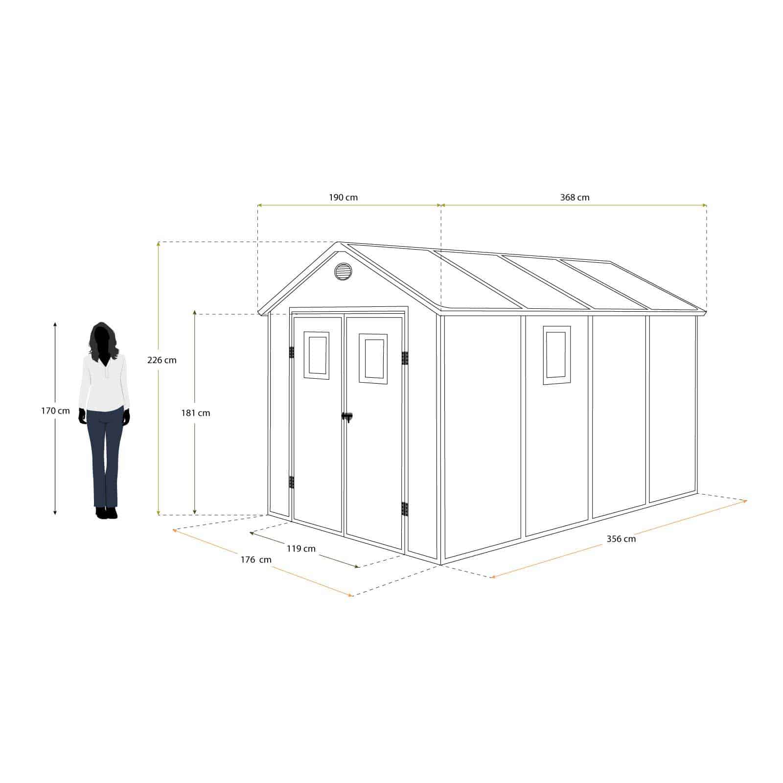 Abrigo de jardim em resina com chão 190x368x226 cm (6,99 m²) Zoe C cinzento Caseta jardín resina con suelo 190x368x226 cm (6,99 m²) Zoe C gris