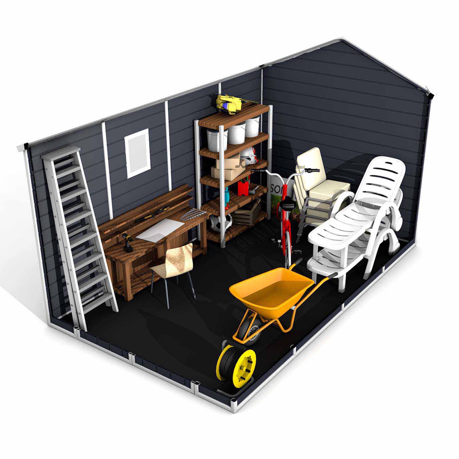 Abrigo de jardim em resina com chão 242x368x239 cm (8,90 m²) Zoe D cinzento Caseta jardín resina con suelo 242x368x239 cm (8,90 m²) Zoe D gris