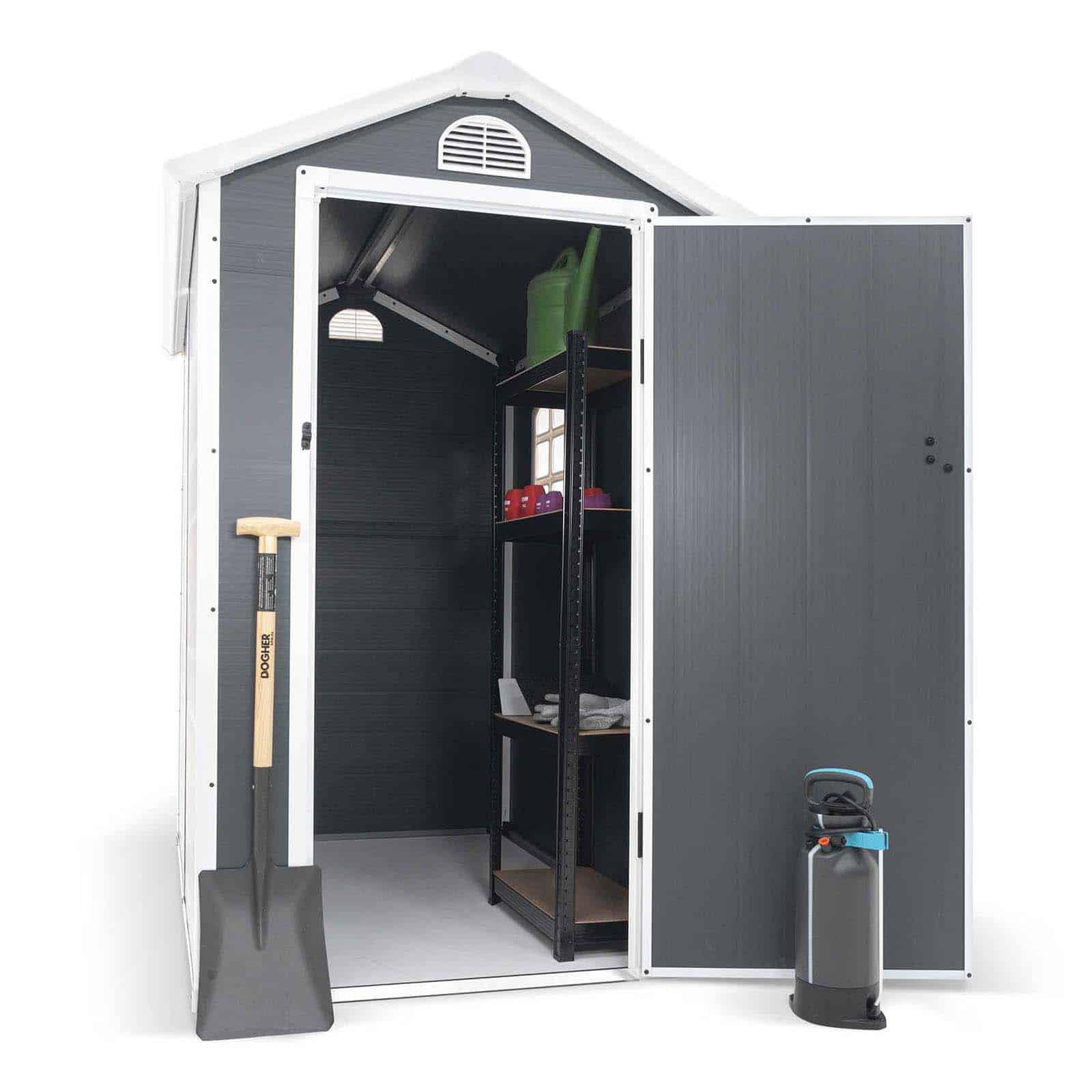 Abrigo de jardim em resina 134x192x204 cm (2,47m²) Marena cinzento Caseta jardín resina 134x192x204 cm (2,47m²) Marena gris