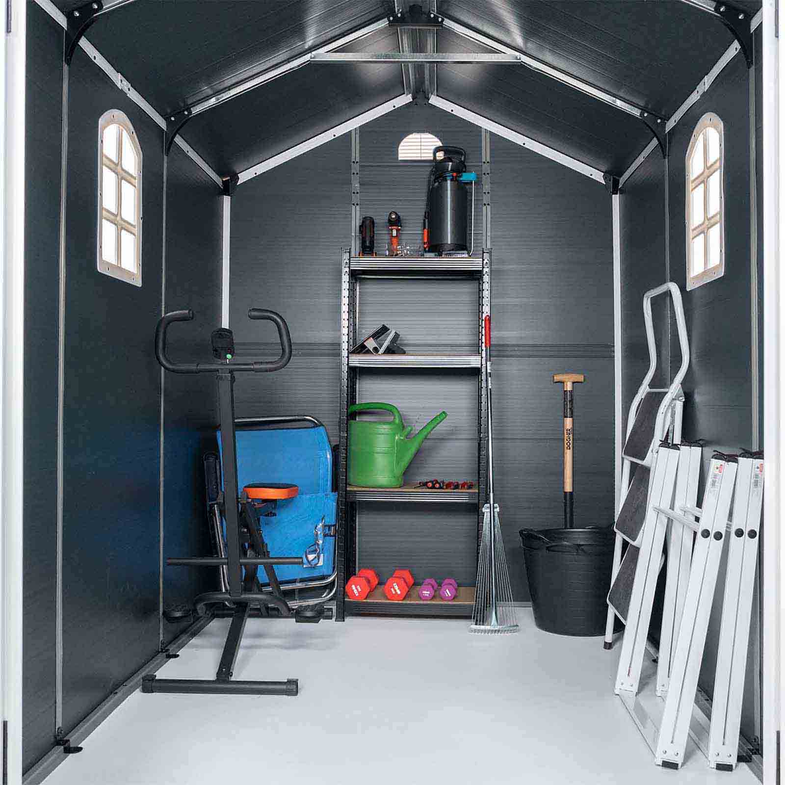 Abrigo de jardim em resina 280x190x226 cm (5.32 m²) New Fiorella cinzento Caseta jardín resina 280x190x226 cm (5,32 m²) New Fiorella gris