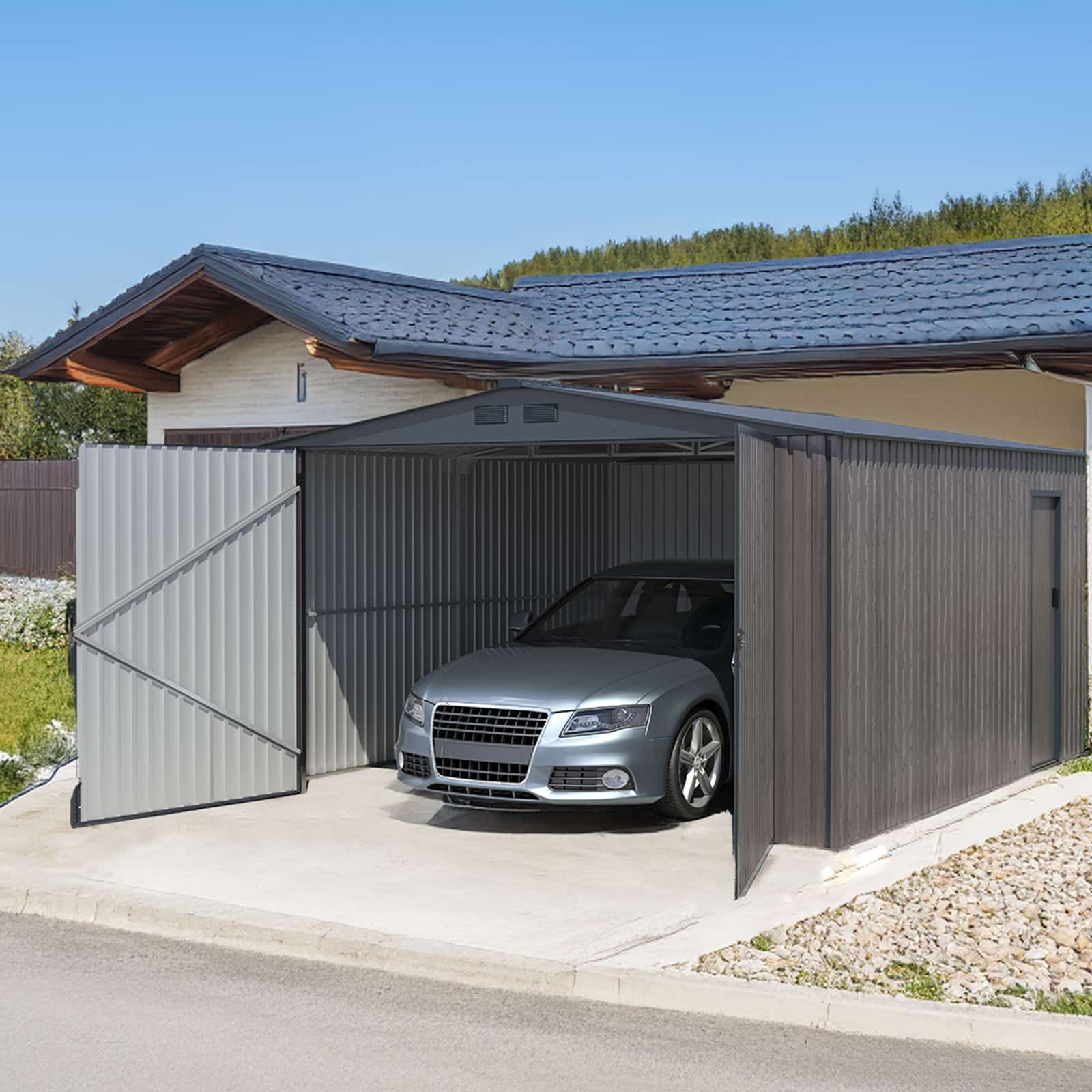 Garagem metálica 3,80 x 4,20 x 2,32m (15,96 m²) Surrey imitação de madeira Garagem metálica 3,80 x 4,20 x 2,32m (15,96 m²) Surrey imitação de madeira - Image 2