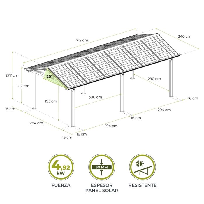 Marquesina fotovoltaica para coche 3,40 x 7,12 x 2,77m Becquerel I