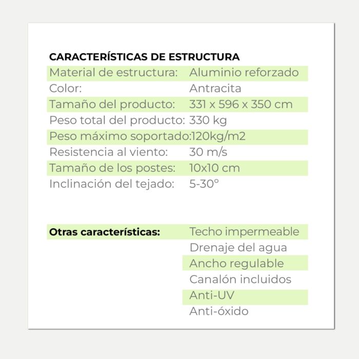 Marquesina fotovoltaica para coche 3,31 x 5,96 x 3,50m Becquerel II