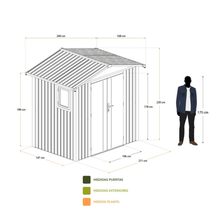 Caseta jardín metálica 240x168x220cm (4,03 m2) Grunewald silver grey