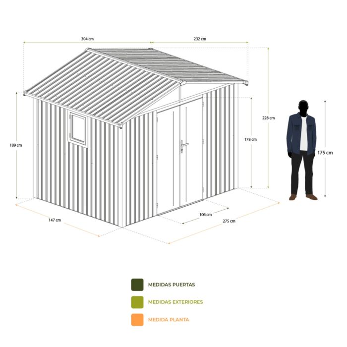 Caseta jardín metálica 304x232x228cm (7 m2) Grunewald silver grey