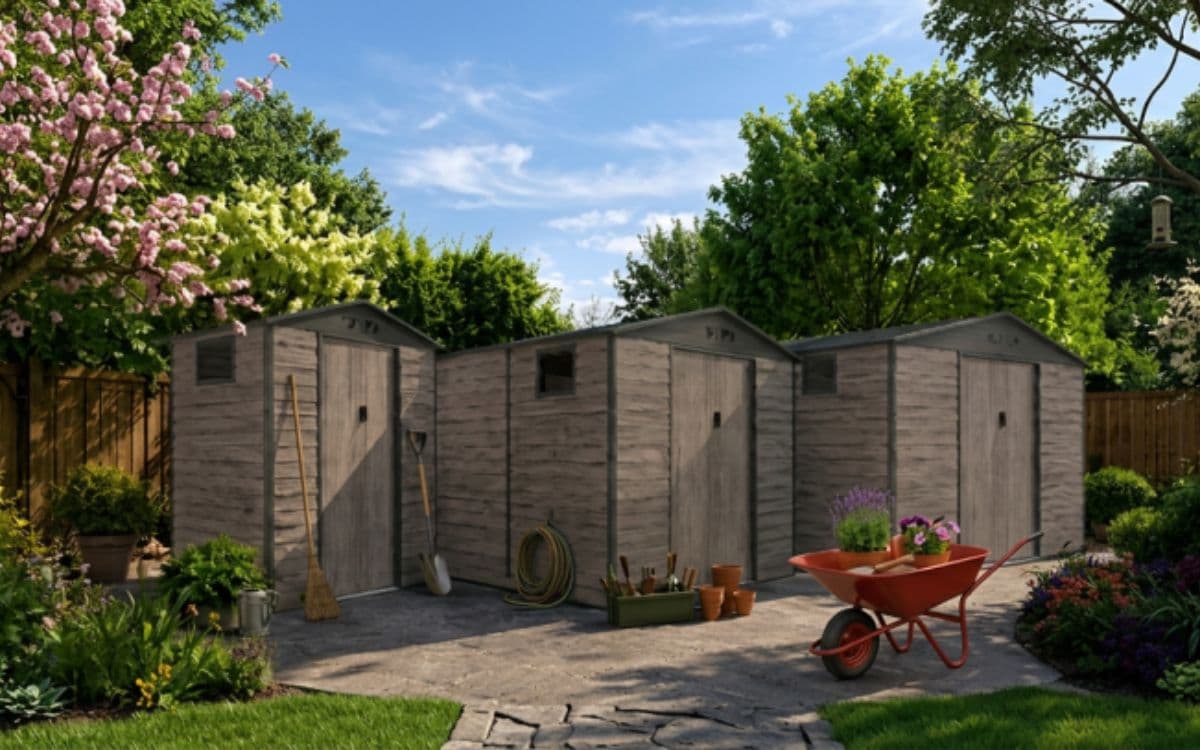 Casetas Surrey de Gardiun: 5 tamaños en imitación madera 11 Gama completa de casetas de jardín Surrey en imitación madera de los cinco tamaños disponibles.